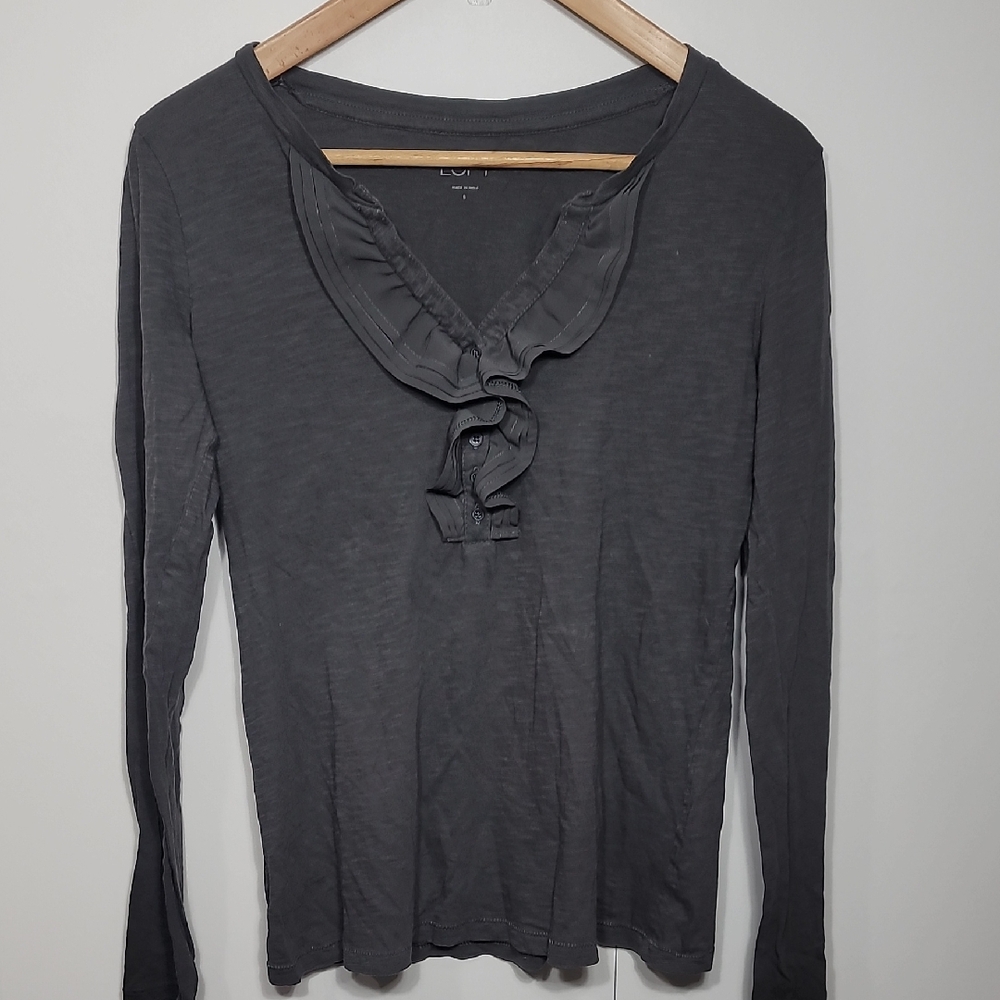 LOFT Charcoal Ruffle Front Blouse